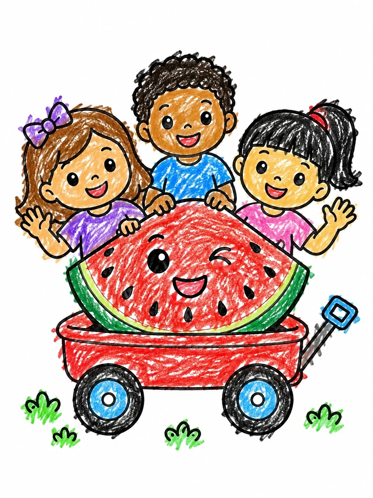 Colored example of the Children With Watermelon In Toy Wagon coloring page