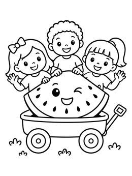 Free printable Children With Watermelon In Toy Wagon coloring page