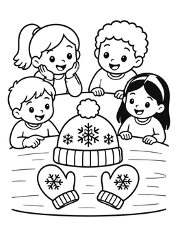 Free printable Children Admiring Winter Beanie And Mittens coloring page