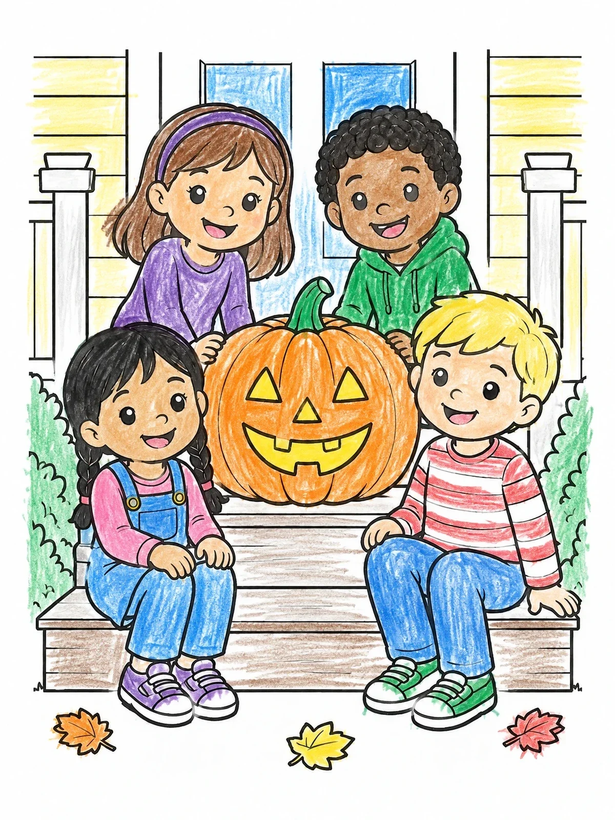 Colored example of the Kids With Carved Porch Pumpkin coloring page