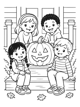 A group of happy children sit on porch steps around a jack-o'-lantern in this pumpkin coloring page.