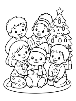 Kids gather around a cute pet on this christmas bunny coloring page by the tree.