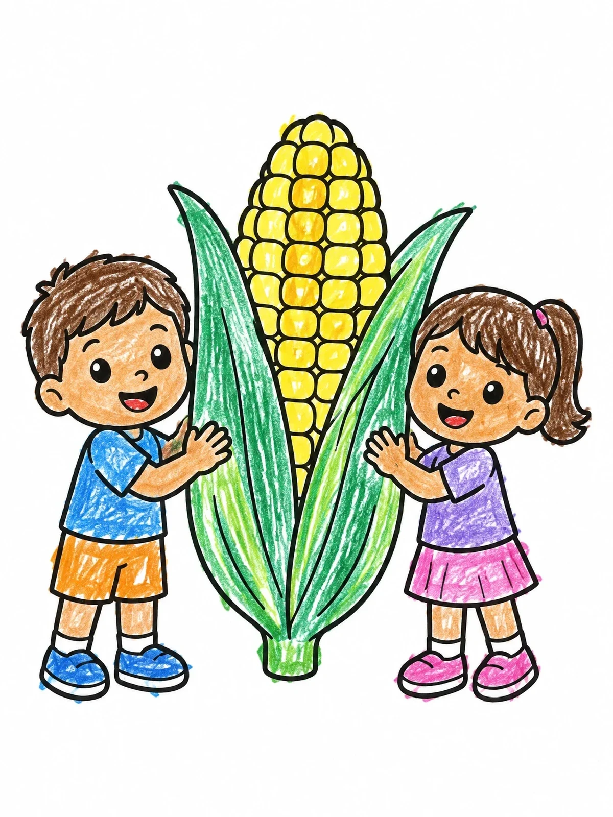Colored example of the Happy Kids With Giant Corn Cob coloring page