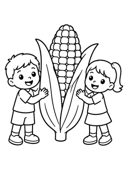 Free printable Happy Kids With Giant Corn Cob coloring page