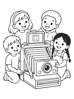 Free printable Children With Giant Vintage Camera coloring page