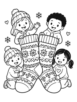 Free printable Children With Giant Cozy Wool Socks coloring page