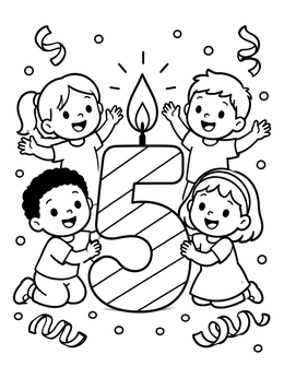 Free printable Children Celebrating With Number Five Candle coloring page