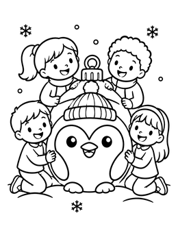 Happy children surround a cute penguin ornament coloring page with winter beanie.