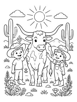 Free printable Children With Texas Longhorn In Desert coloring page