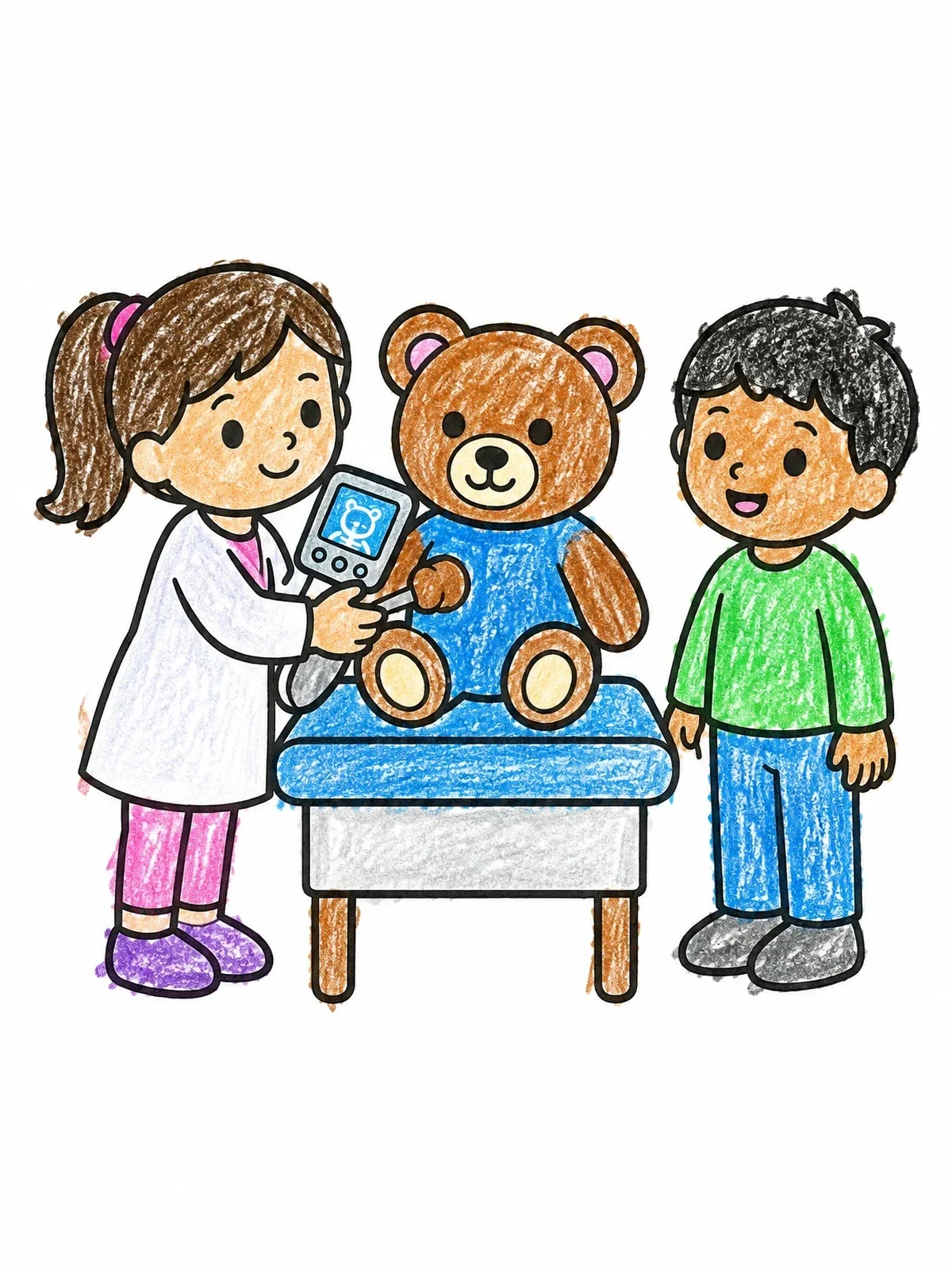 Colored example of the Children Scanning Teddy Bear Doctor Play coloring page