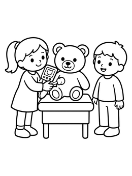 Free printable Children Scanning Teddy Bear Doctor Play coloring page