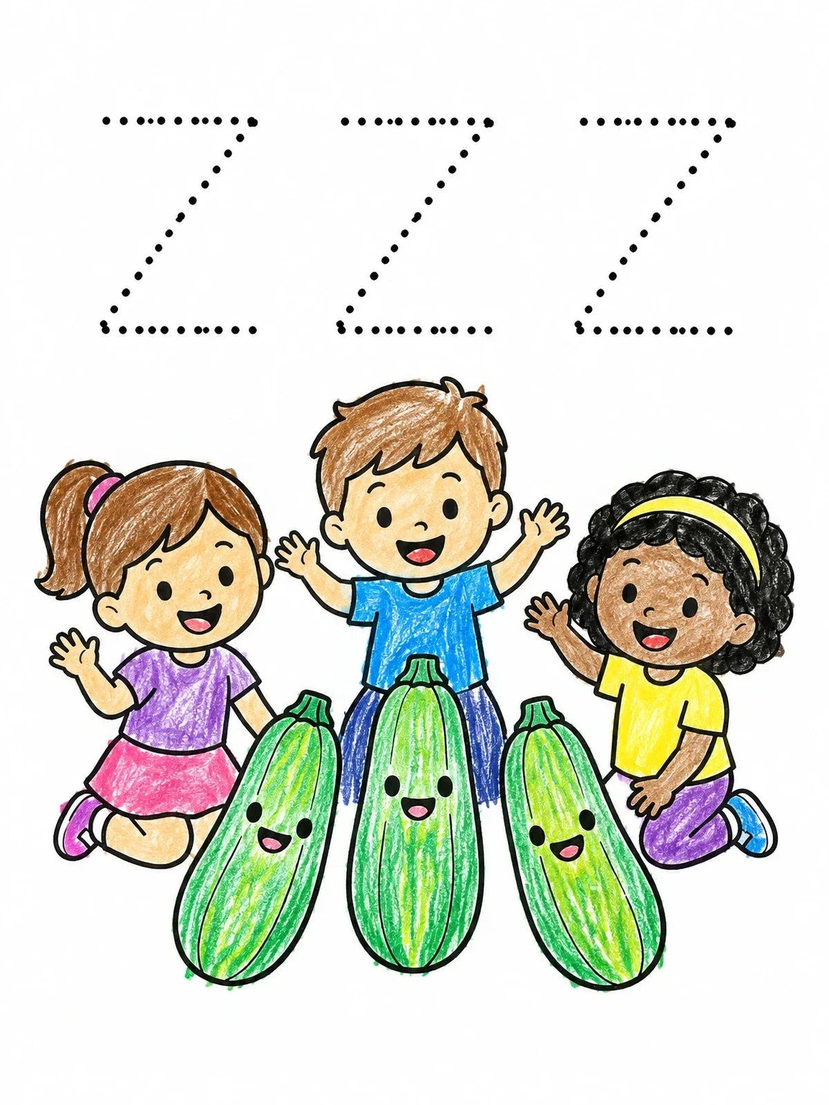 Colored example of the Children With Cute Zucchinis And Letter Z Tracing coloring page