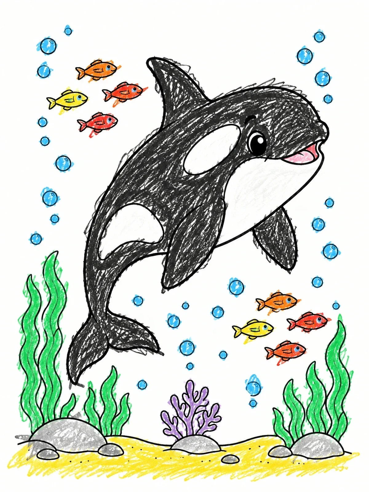 Colored example of the Cute Cartoon Orca Swimming Underwater coloring page