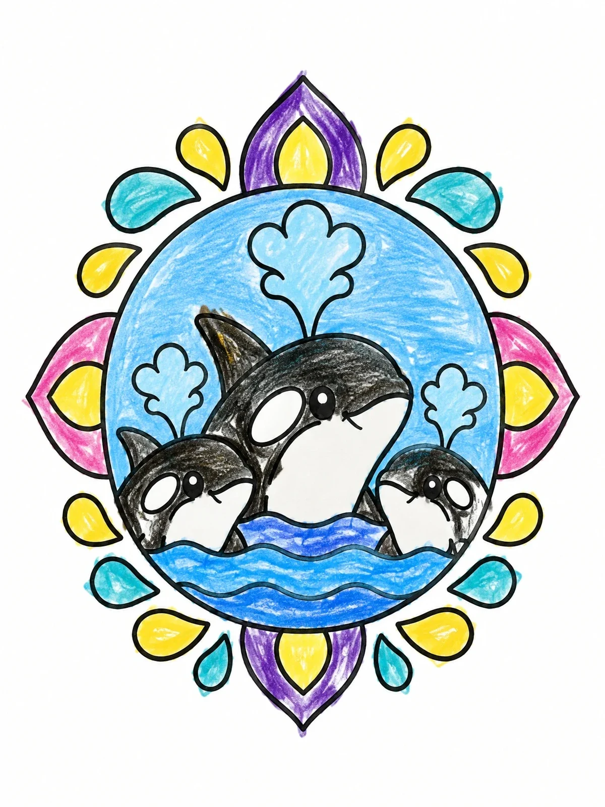 Colored example of the Cute Orca Family In Floral Frame coloring page