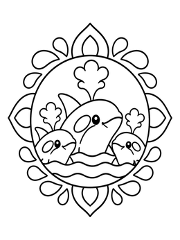 Free printable Cute Orca Family In Floral Frame coloring page