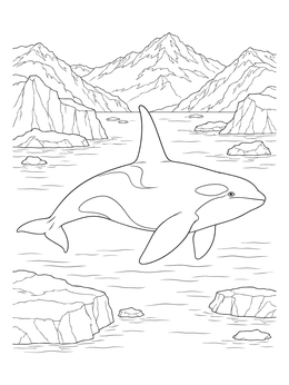 Detailed killer whale coloring page gliding through icy waters with mountains.