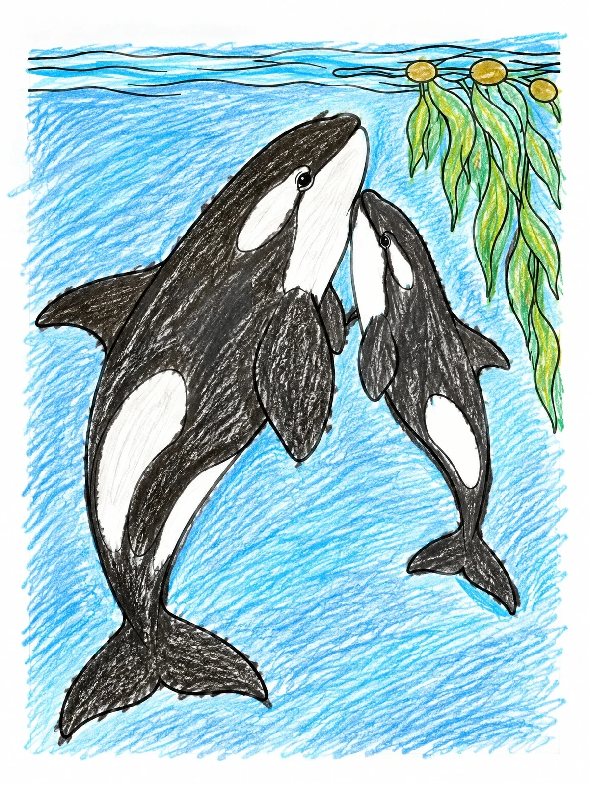 Colored example of the Mother Orca And Calf Near Kelp coloring page