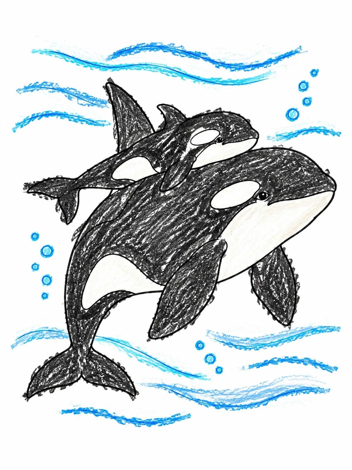 Colored example of the Mother Orca And Swimming Calf coloring page