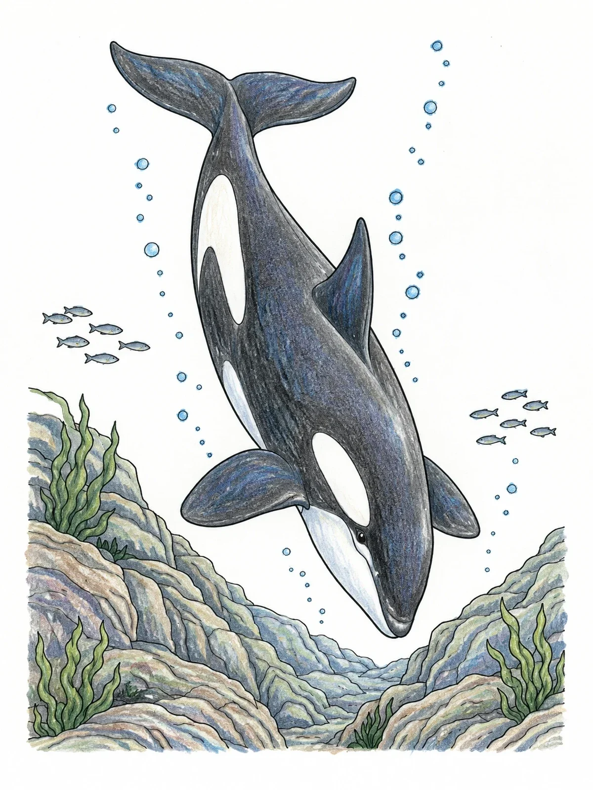 Colored example of the Orca Diving Down To Rocky Seabed coloring page
