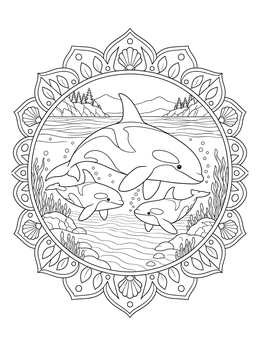 An orca mother swimming with two calves in a decorative killer whale coloring page.
