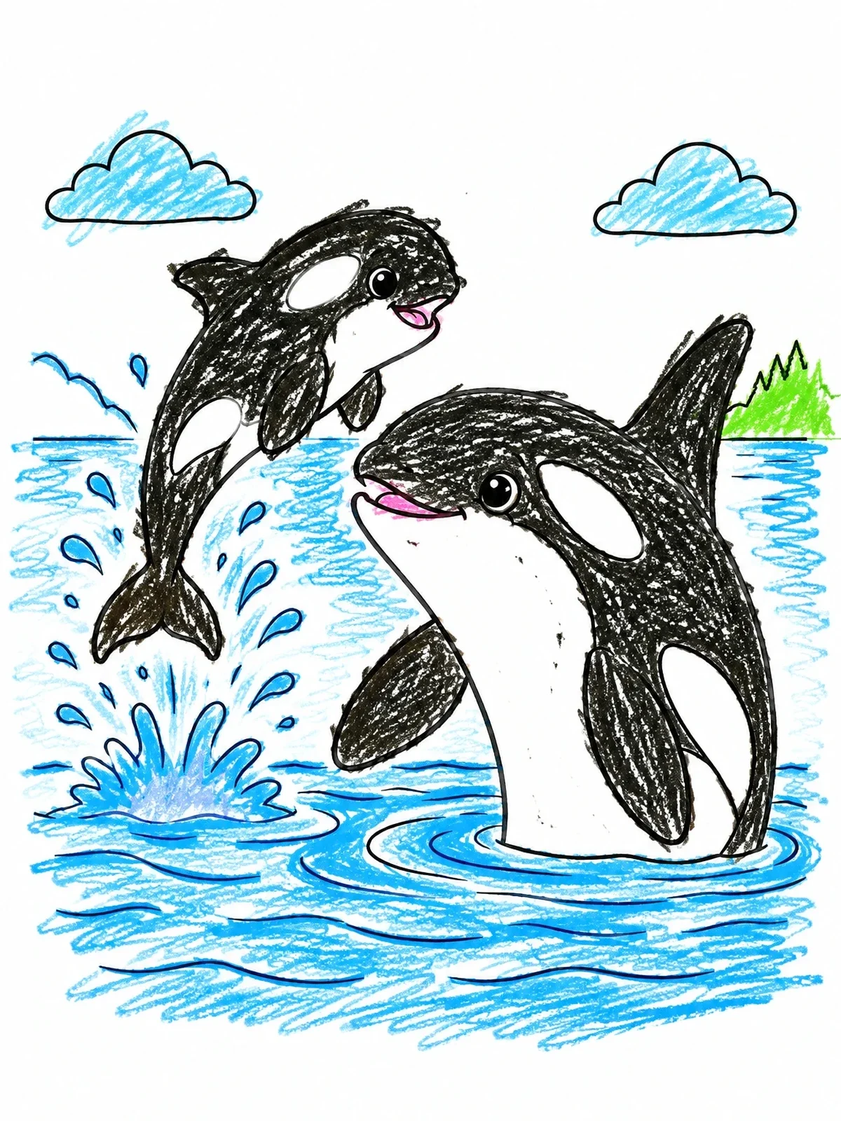 Colored example of the Playful Orca Calf And Mother coloring page