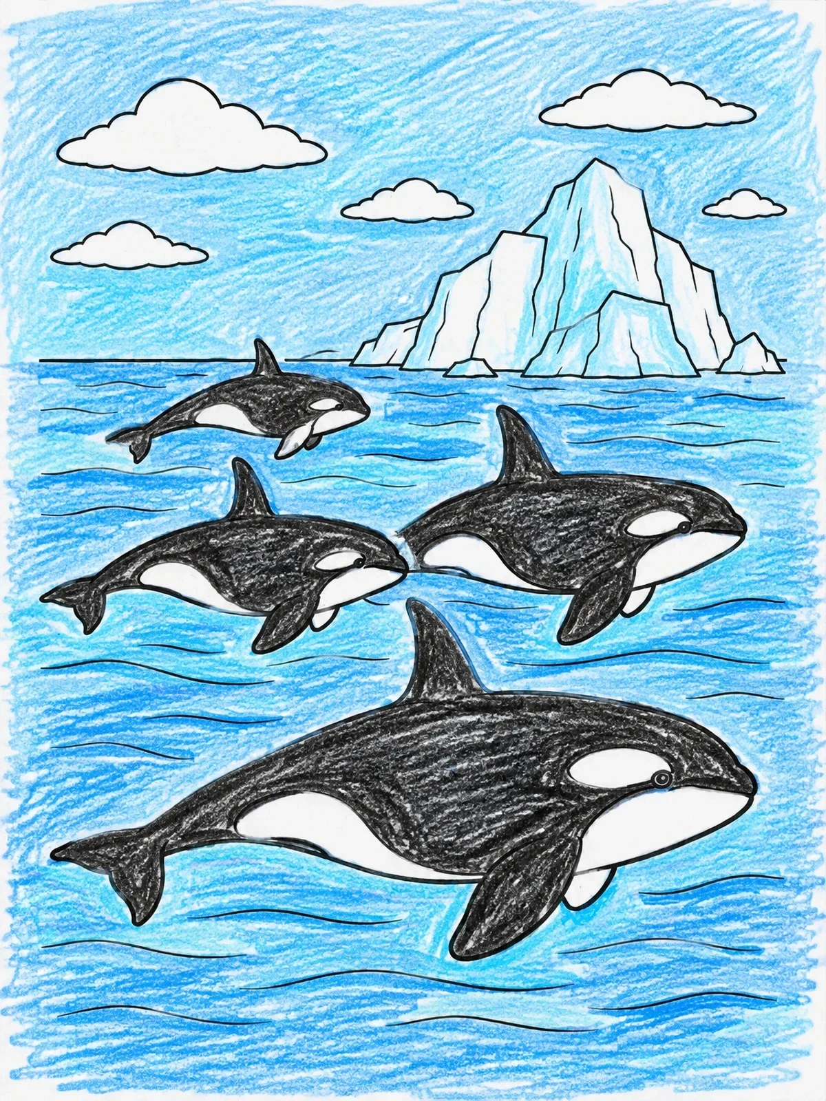 Colored example of the Killer Whale Pod By The Iceberg coloring page