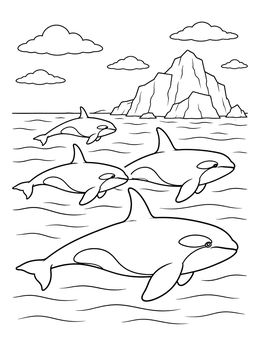 A pod of orcas swims through ocean waters in this killer whale coloring page.