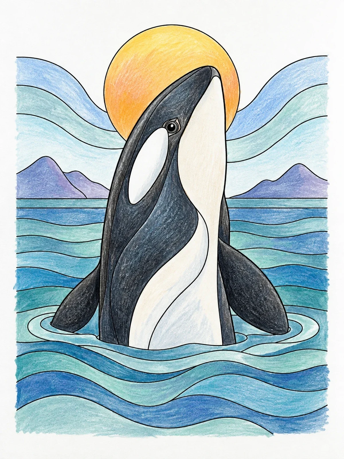 Colored example of the Spyhopping Orca In Stylized Ocean coloring page