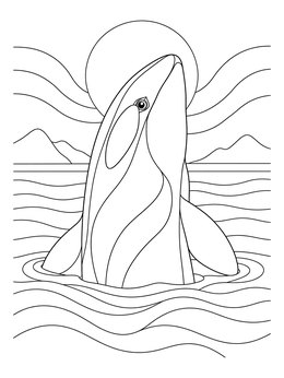 A killer whale coloring page showing an orca spyhopping from the sea before mountains.