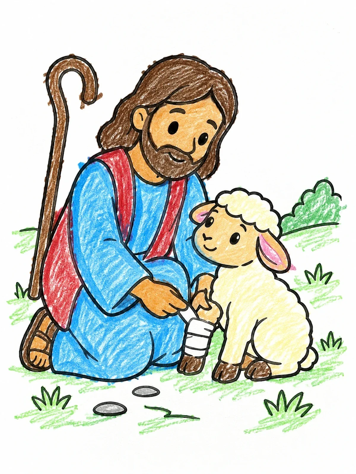 Colored example of the Kind Shepherd Bandaging A Lamb coloring page