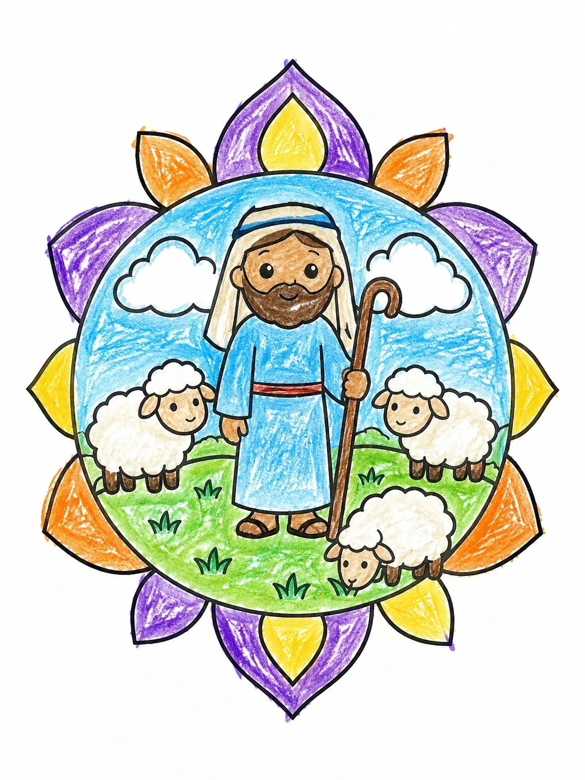 Colored example of the Kind Shepherd With Fluffy Sheep Mandala coloring page