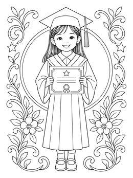 A smiling girl in cap and gown in this kindergarten graduation coloring page.