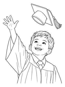 A joyful kindergarten graduation coloring page featuring a young boy tossing his cap into the air.
