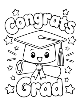 A smiling cap and scroll appear on this kindergarten graduation coloring page with stars.