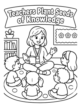 Children sit on a rug listening to their teacher coloring page.