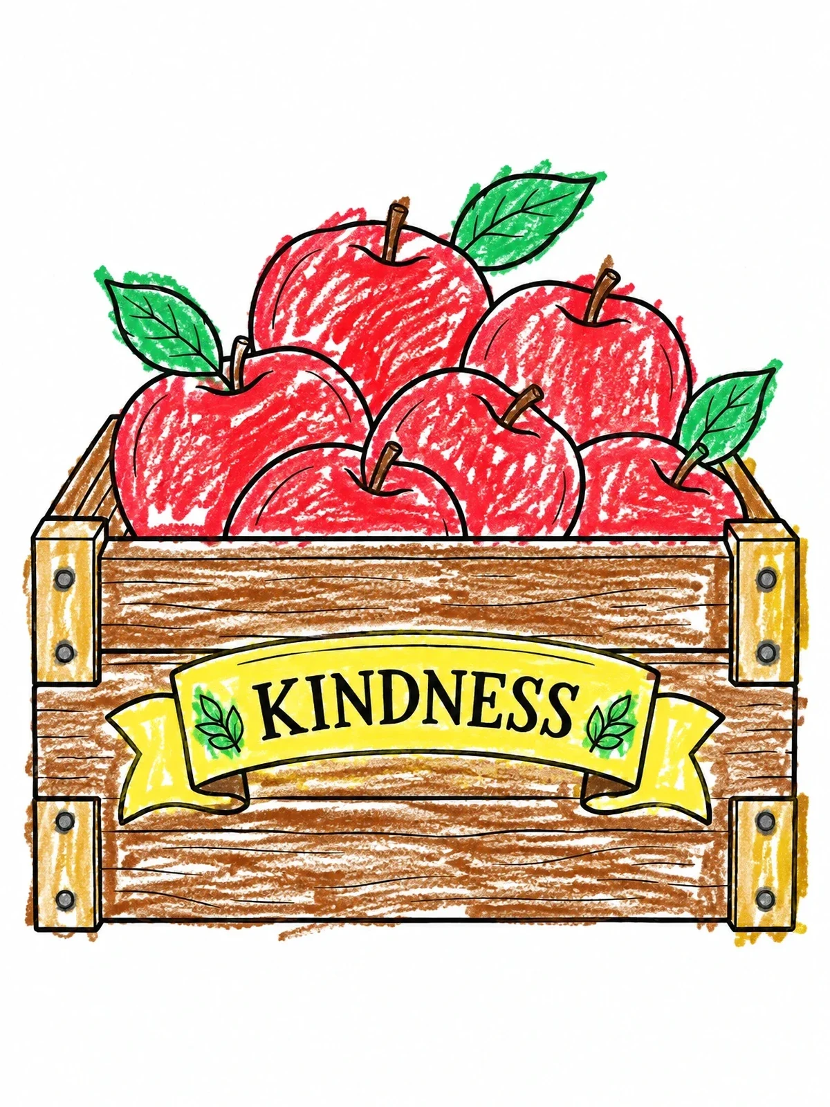 Colored example of the Kindness Apple Crate coloring page