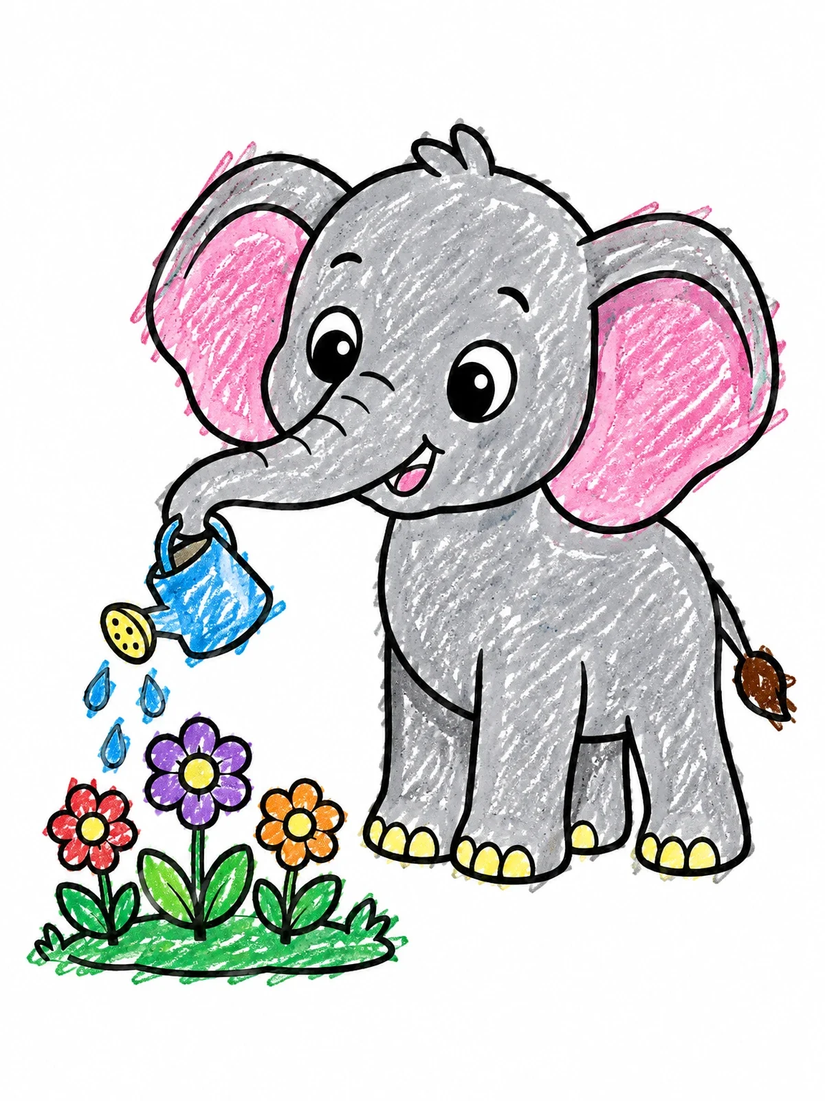 Colored example of the Cute Elephant Watering Garden Flowers coloring page