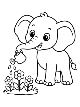 Free printable Cute Elephant Watering Garden Flowers coloring page