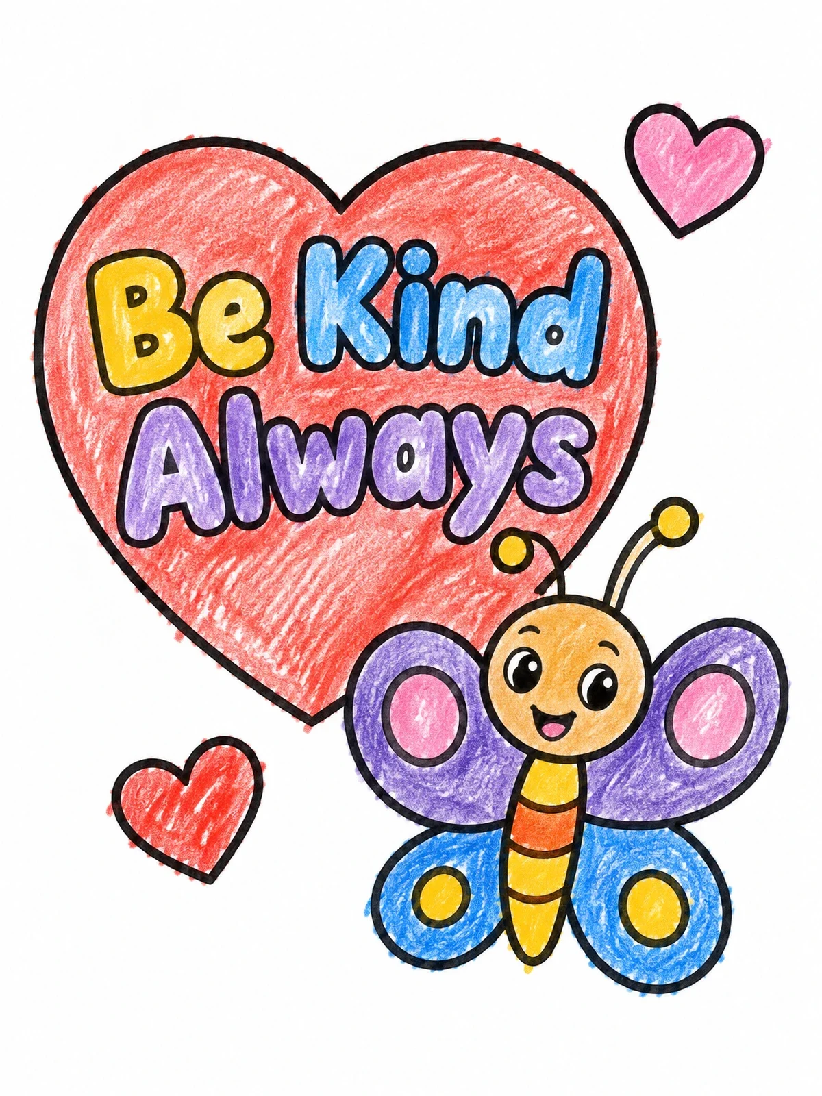 Colored example of the Be Kind Always Cute Butterfly coloring page