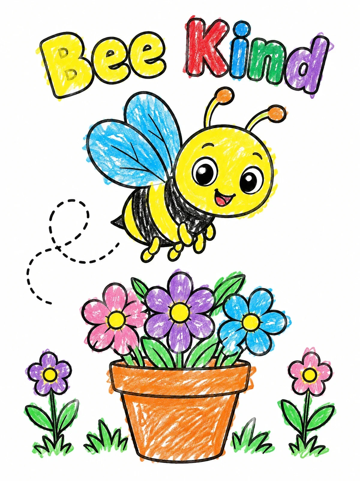 Colored example of the Bee Kind Flying Over Flowers coloring page