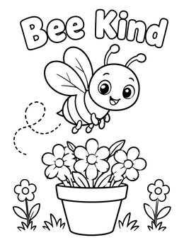 Free printable Bee Kind Flying Over Flowers coloring page
