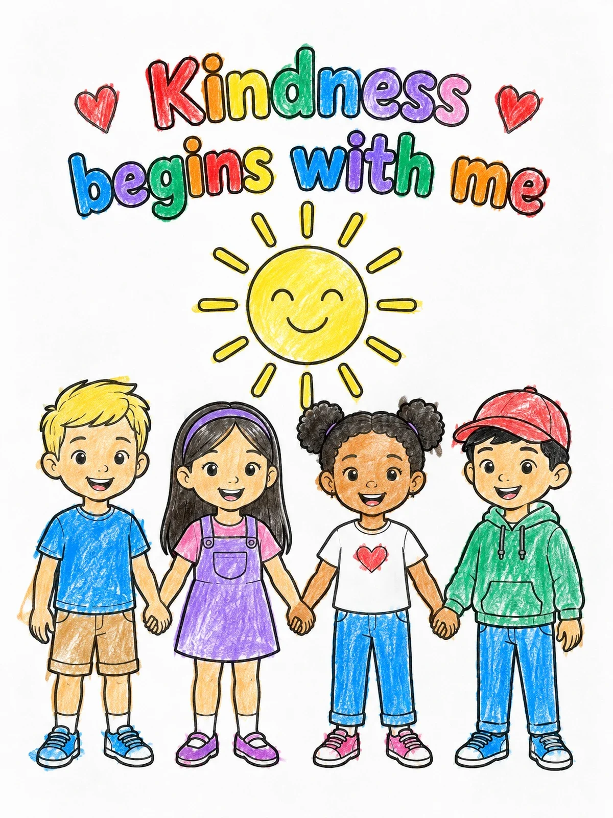 Colored example of the Kindness Begins With Me Friends coloring page