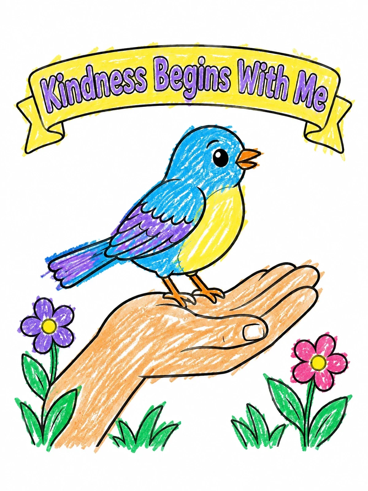 Colored example of the Kindness Begins With Me Songbird coloring page