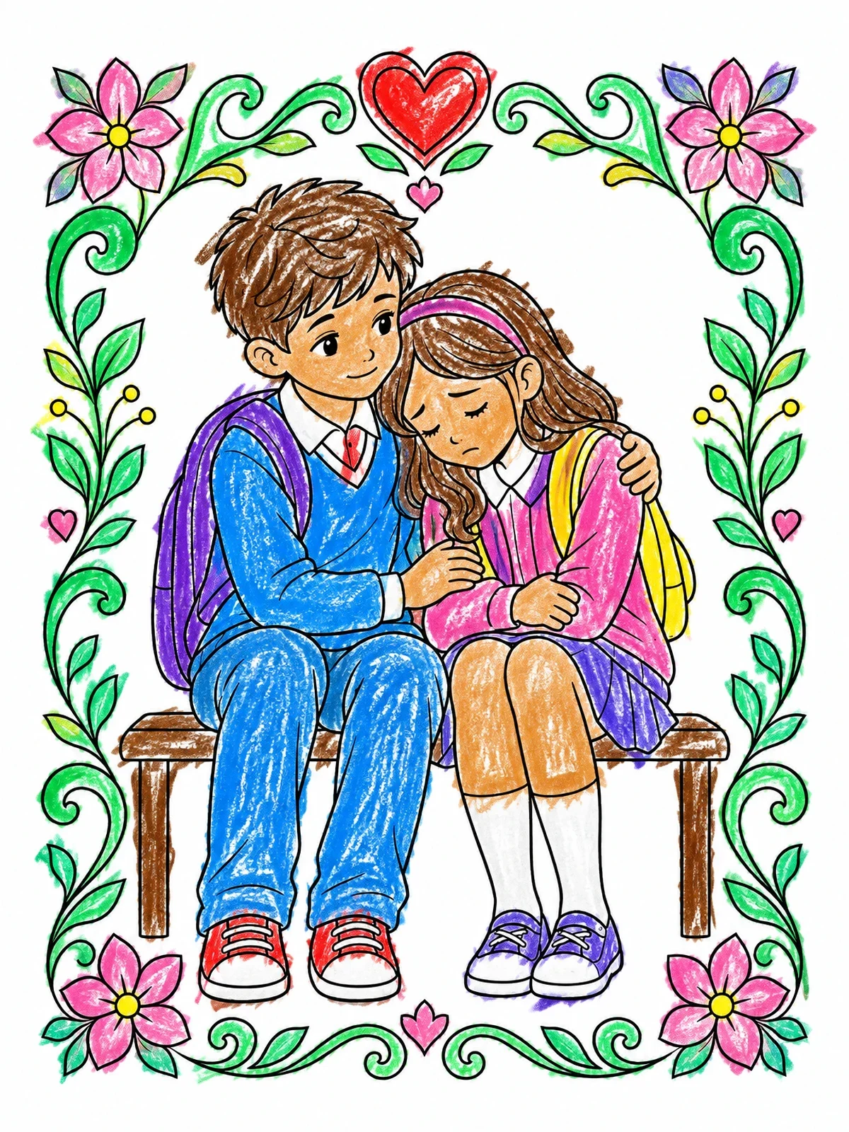 Colored example of the Kind Boy Comforting Sad Classmate coloring page