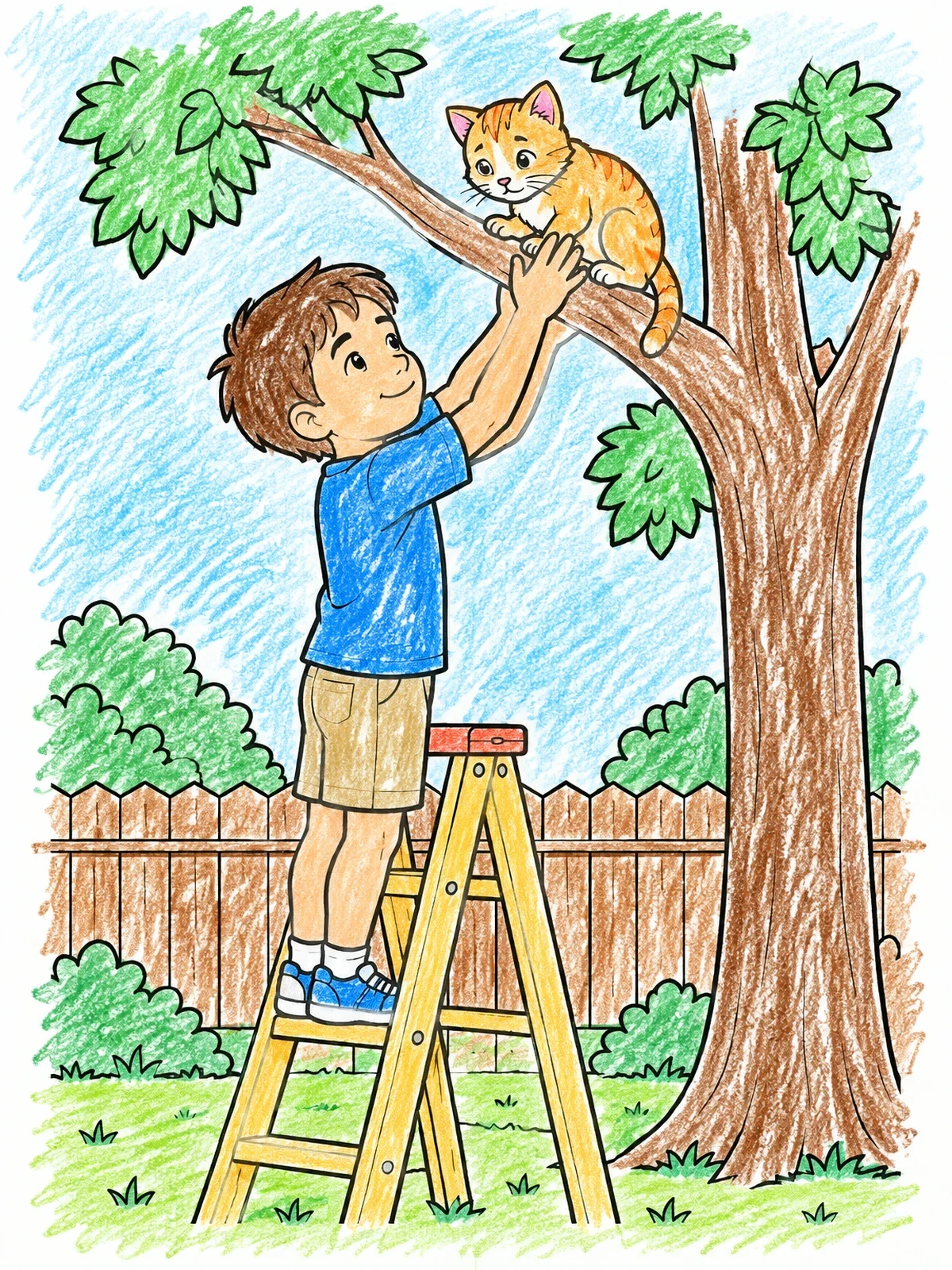 Colored example of the Boy Rescuing Kitten From Tree coloring page