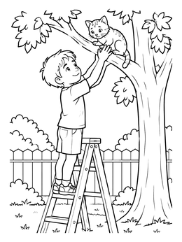 Free printable Boy Rescuing Kitten From Tree coloring page