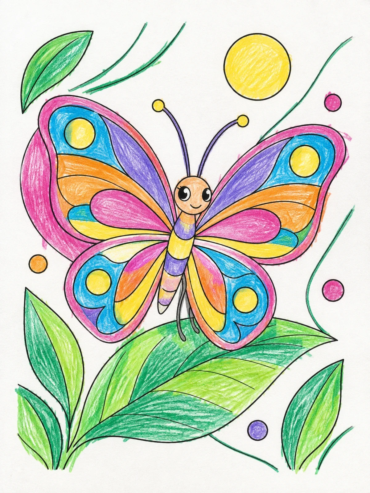 Colored example of the Cheerful Butterfly On A Leaf coloring page