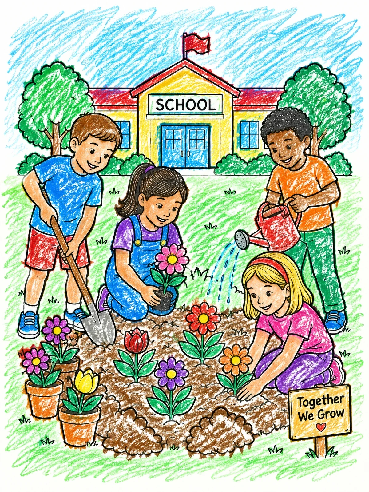 Colored example of the Children Planting Garden At School coloring page