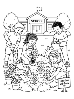 Free printable Children Planting Garden At School coloring page