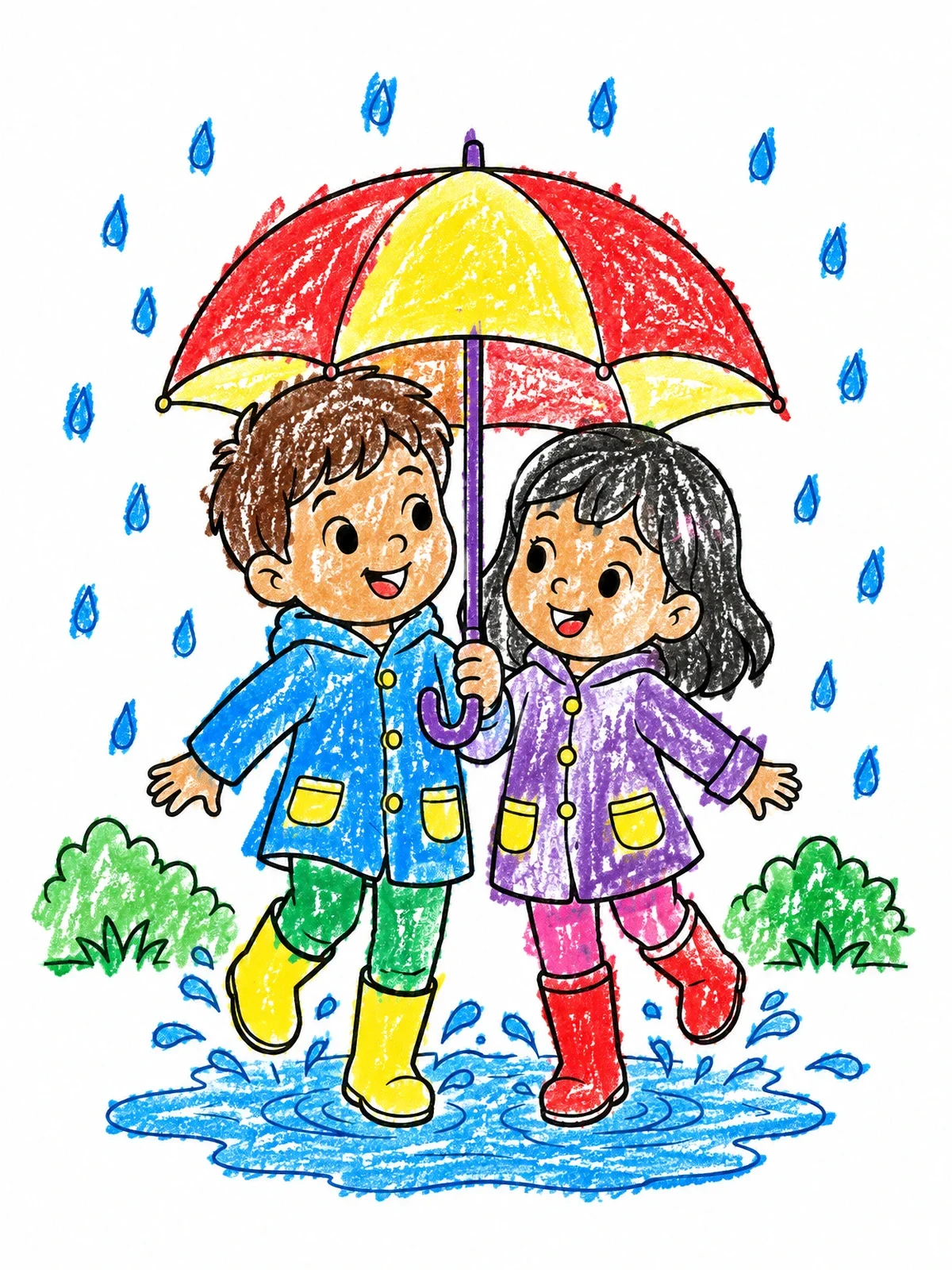 Colored example of the Children Sharing An Umbrella In The Rain coloring page